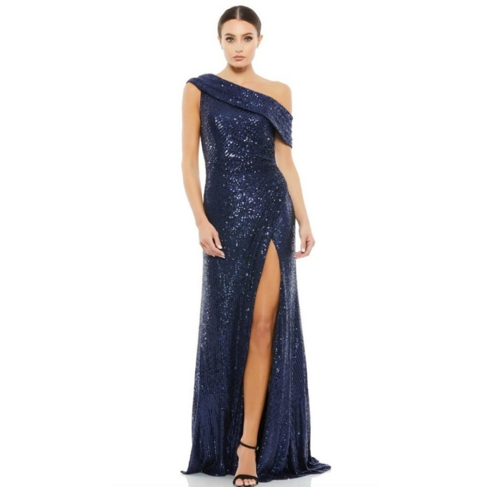 NWT Mac Duggal IENNA Sequin Midnight Off Shoulder Slit Gown